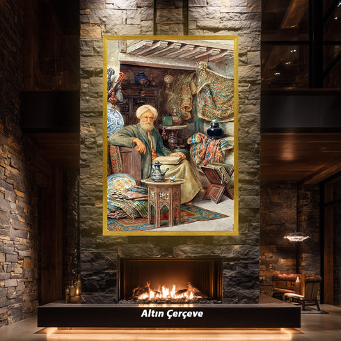 Osmanlı Bilgesi ve Geleneksel Oda Sahnesi Suluboya Sanat Baskısı, El Yazması Kitaplar ve Oryantal Detaylarla Tarihi Duvar Dekoru