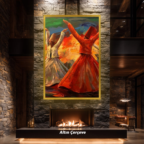 Semazenlerin Sema Dönüşü, Canlı Renklerle Tasvir Edilmiş Tasavvufi Ritüel ve Manevi Derinlik Taşıyan Modern Sanat Tablosu
