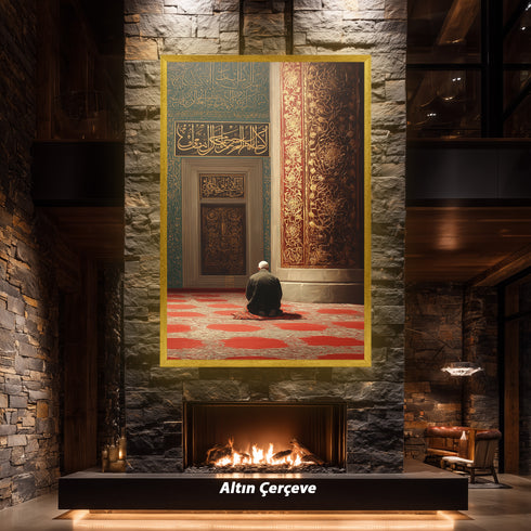 Cami İçinde Dua Eden Mümin Kanvas Tablo – Altın Varak Detaylı İslami Duvar Dekoru, Dini ve Manevi Salon Tablosu