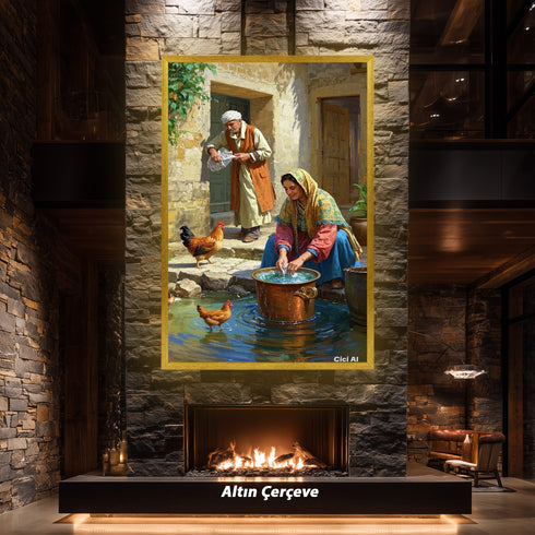 Geleneksel Köy Yaşamı Suluboya Sanat Baskısı, Anadolu Günlük Hayat Sahnesi, Tavuklar ve Taş Evlerle Nostaljik Duvar Dekoru