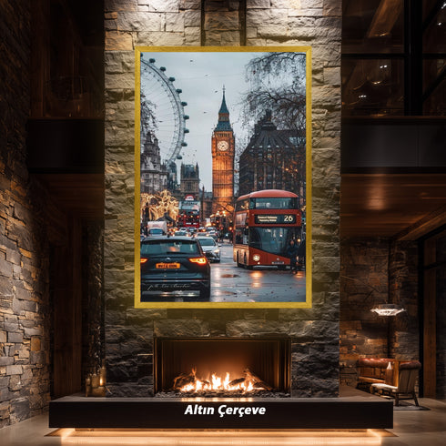 Londra Big Ben ve Kırmızı Otobüs Şehir Manzarası Sanat Baskısı, Yağmurlu Akşam Sokakları ve İkonik Şehir Duvar Dekoru Modern Ofis İçin