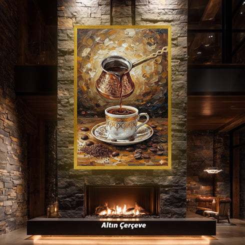 Türk Kahvesi Ritüeli Yağlı Boya Sanat Baskısı, Cezveden Fincana Akan Kahve ile Geleneksel ve Sıcak Duvar Dekoru