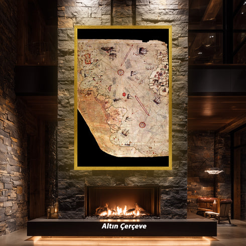 Piri Reis Tarihi Deniz Haritası ve Keşif Roteleri, Antik Kartografya Detaylarıyla Oryantal ve Nostaljik Dünya Haritası Sanat Eseri