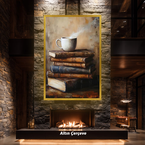 Buharlı Kahve Fincanı ve Eski Kitaplar, Sıcak ve Huzurlu Atmosferli Nostaljik Okuma Köşesi Temalı Sanat Tablosu