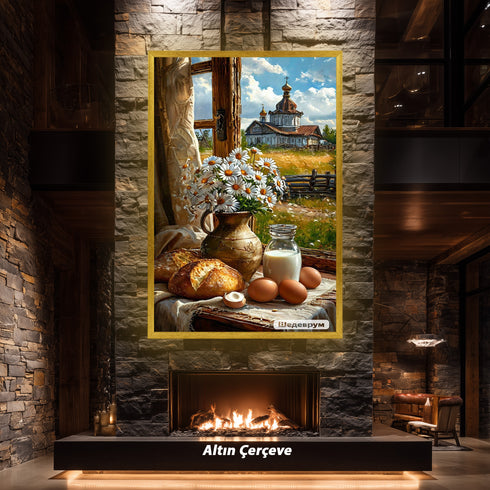 Kır Evi Penceresinde Natürmort Sanat Baskısı, Papatyalar Ekmek ve Süt ile Kırsal Yaşamın Sıcaklığı, Nostaljik Duvar Dekoru