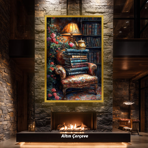 Kitaplarla Dolu Kütüphane Köşesi ve Çaydanlık Sanat Baskısı, Vintage Okuma Atmosferi, Çiçekli Klasik Koltuk ile Nostaljik Duvar Dekoru