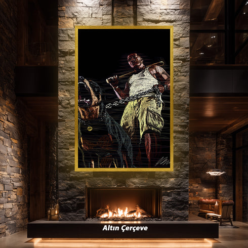 GTA 5 Franklin ve Chop Köpek Scribble Art Kanvas Tablo | Grand Theft Auto V Oyuncu Duvar Sanatı | Rottweiler ve Beyzbol Sopası Kanvas Tablo