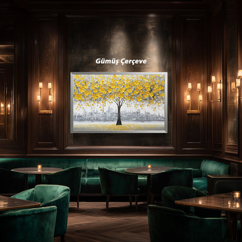 Sarı Çiçekli Ağaç ve Gri Şehir Silüeti Tablosu Modern Soyut Kanvas Duvar Dekoru Salon Ofis İçin Büyük Boy Şık Tasarım