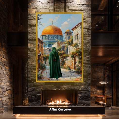 Kubbetüs Sahra ve Mescid-i Aksa Manzaralı Kanvas Tablo – Kudüs Temalı İslami Duvar Dekoru, Dini ve Manevi Atmosferli Salon Tablosu