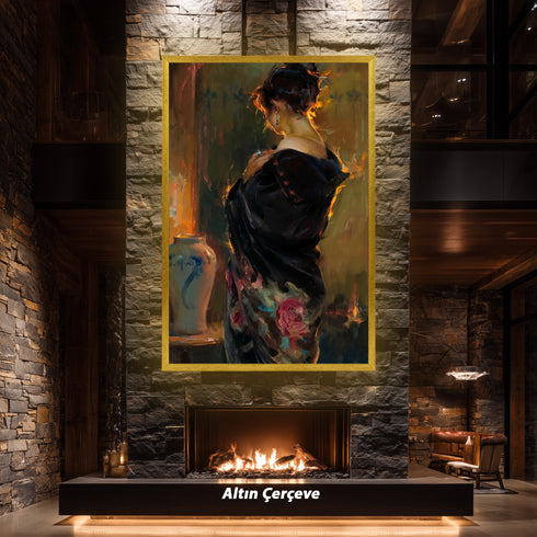 Arkadan Görünümlü Zarif Kadın Portresi, Duygusal Derinlik ve Dramatik Işıkla Yorumlanmış Modern ve Estetik Sanat Tablosu