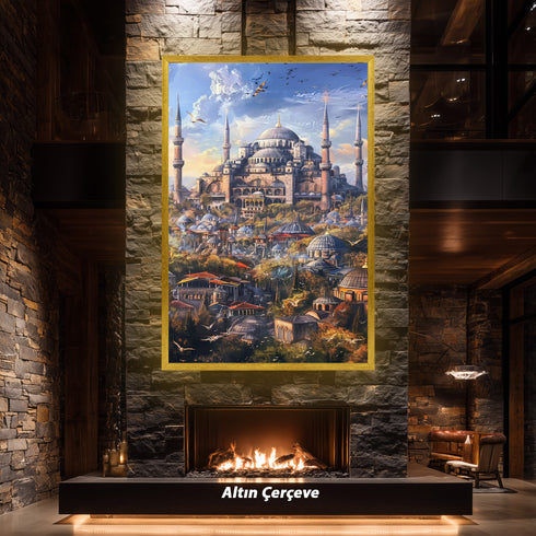 Ayasofya ve Tarihi İstanbul Silüeti Sanat Baskısı, Kubbe ve Minarelerle Osmanlı Mimarisi, Masalsı Şehir Manzarası Duvar Dekoru