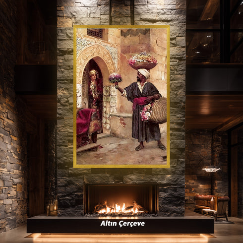 Oryantal Günlük Yaşam Sahnesi Sanat Tablosu Poster, Çiçek Satıcısı ve Osmanlı Mimarisinde Kadın Figürlü Klasik Duvar Sanatı