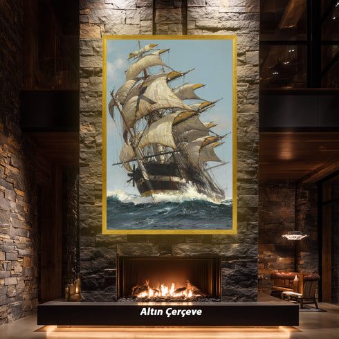 Fırtınalı Denizde Yelkenli Gemi Suluboya Sanat Baskısı, Denizcilik ve Macera Temalı Klasik Tablo Duvar Dekoru