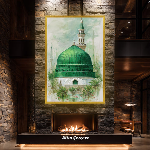 Yeşil Kubbe Mescid-i Nebevi Kanvas Tablo – Medine Ravza-i Mutahhara İslami Duvar Dekoru, Dini Huzur Temalı Salon Tabl