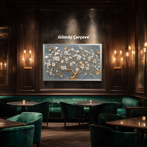 Gri Mermer Zeminli Altın Dallı Beyaz Çiçekli Ağaç Tablosu Kelebekli Lüks Modern Kanvas Duvar Dekoru Salon İçin Şık Tasarım