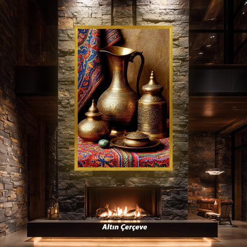 Oryantal Pirinç Sürahi ve Antika Kaplar Sanat Baskısı, El İşçiliği Detaylı Doğu Natürmortu ile Klasik Duvar Dekoru