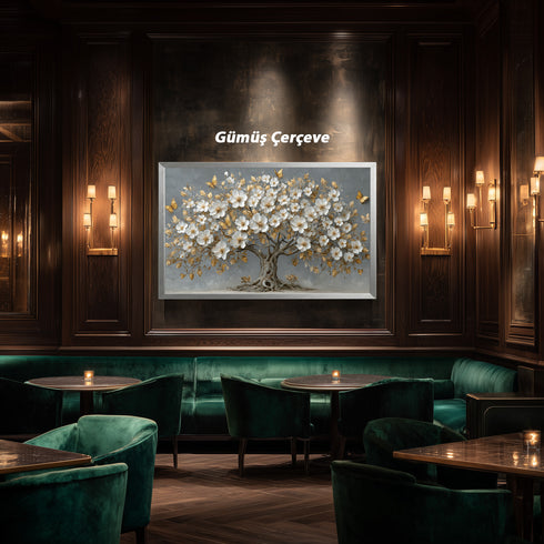 Altın Yapraklı Beyaz Çiçekli Ağaç Tablosu Kelebekli Lüks Kanvas Duvar Dekoru, Modern Dokulu Salon Yatak Odası Tablo