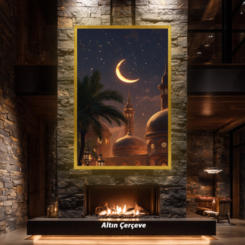 Hilal ve Yıldızlı Gece Camii Manzarası Kanvas Tablo – Ramazan Temalı İslami Duvar Dekoru, Dini ve Manevi Salon Tablosu