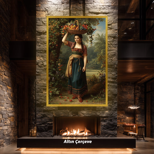 Meyve Sepeti Taşıyan Kırsal Kadın Sanat Baskısı, Doğal Bereket ve Geleneksel Yaşam Temalı Klasik Yağlı Boya Stil Duvar Dekoru