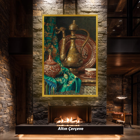 Oryantal Natürmort Sanat Tablosu Poster, Osmanlı İbriği Kahve Fincanı ve İşlemeli Kumaşlı Klasik Doğu Temalı Duvar Sanatı