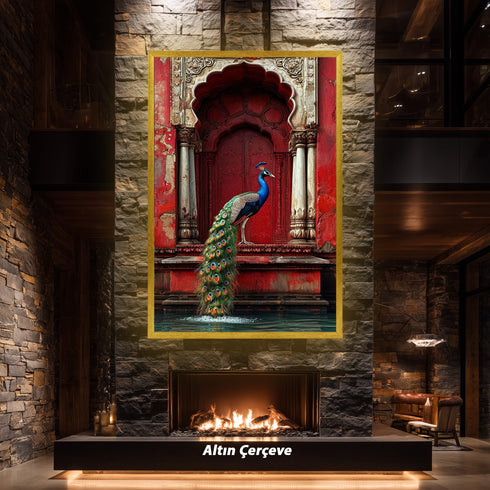 Kırmızı Oryantal Kapı ve Tavus Kuşu Sanat Baskısı, Doğu Mimarisi ve Zarif Detaylarla Egzotik Duvar Dekoru Tablo