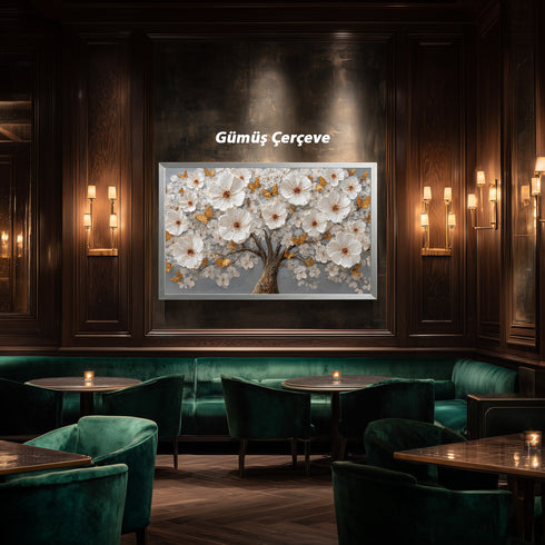 Altın Kelebekli Beyaz Çiçekli Ağaç Tablosu Kabartmalı Lüks Modern Kanvas Duvar Dekoru Salon ve Oturma Odası İçin Şık Tasarım