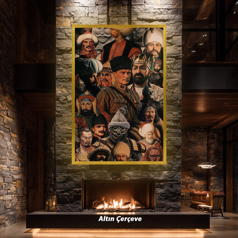 Türk ve Orta Asya Tarihi Liderler Kolaj Sanat Tablosu Poster, Alp Er Tunga’dan Osmanlı’ya Uzanan Epik Figürlü Duvar Sanatı