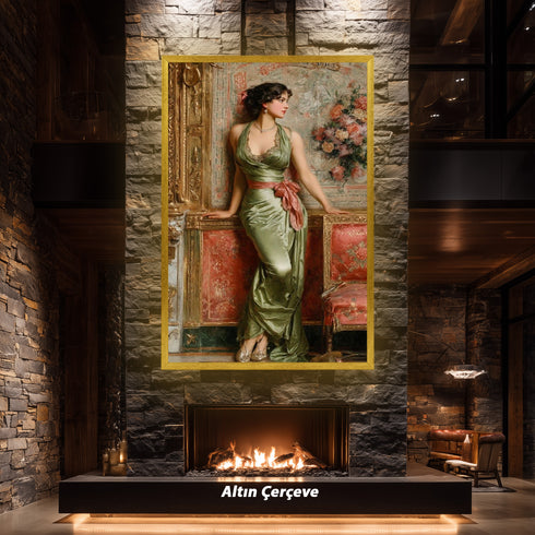 Zarif Kadın Figürü ve Klasik Salon Sanat Baskısı, Yeşil Saten Elbise ile Vintage Asalet, Romantik ve Zamansız Duvar Dekoru