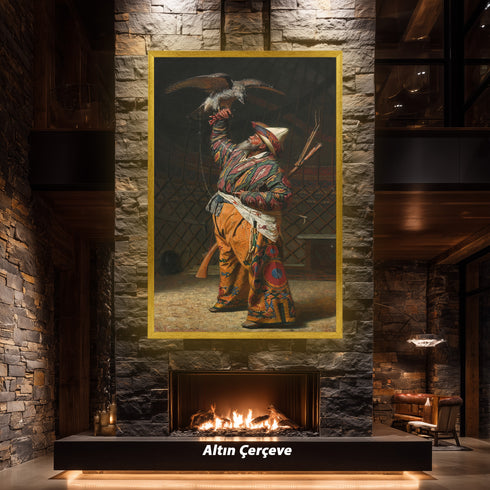 Oryantal Avcı Figürü Sanat Tablosu Poster, Şahinli Osmanlı Av Sahnesi ile Geleneksel Doğu Temalı Klasik Duvar Sanatı Baskısı