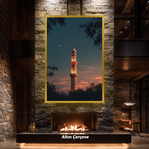 Hilal ve Gün Batımı Fonlu Cami Minaresi Kanvas Tablo – Altın Işıltılı İslami Duvar Dekoru, Dini ve Manevi Salon Tablosu