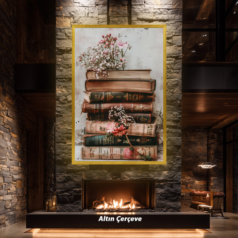 Vintage Kitap Yığını ve Zarif Çiçekler, Nostaljik ve Romantik Atmosferli Estetik Natürmort Sanat Tablosu