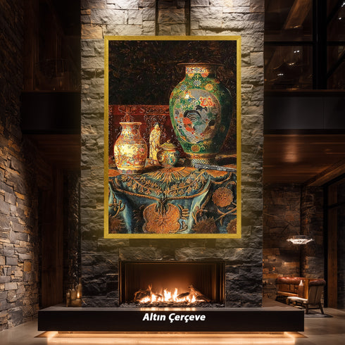 Eskitilmiş Çerçeveli Klasik Natürmort Sanat Tablosu Poster, Çin Porselen Vazolar ve Oryantal Desenli Kumaşlı Duvar Sanatı