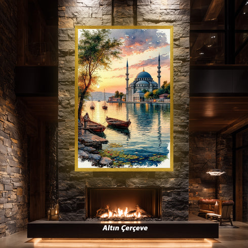 Gün Batımında Boğaz ve Tarihi Cami Manzarası Sanat Baskısı, İstanbul Temalı Suluboya Tablo ve Huzur Veren Klasik Duvar Dekoru