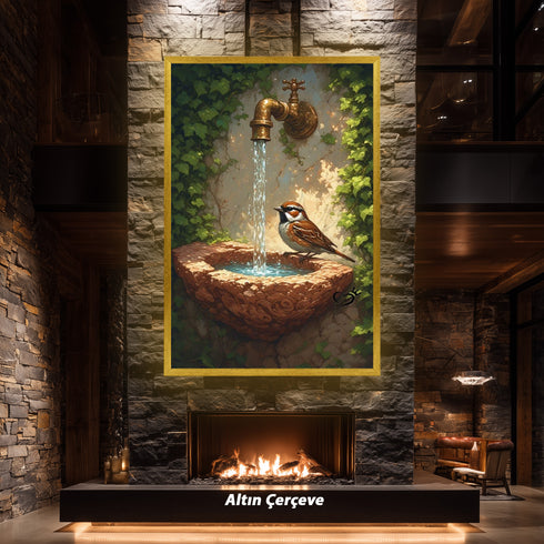 Taş Çeşme ve Serçe Kuşu Sanat Baskısı, Doğal Bahçe Sahnesi ve Akan Su ile Huzur Veren Masalsı Duvar Dekoru