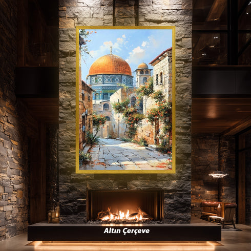 Kubbetüs Sahra ve Tarihi Taş Sokaklar, Çiçeklerle Bezeli Kudüs Manzarasında Huzur ve Maneviyat Yansıtan Sanat Tablosu