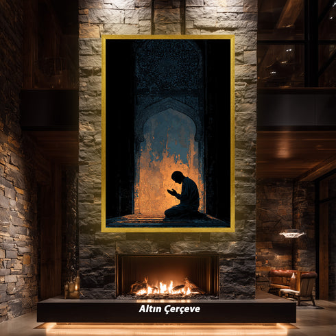 Mihrab Önünde Dua Eden Müslüman Silüeti Kanvas Tablo – Işık ve Gölge Temalı İslami Duvar Dekoru, Manevi ve Dini Salon Tablosu