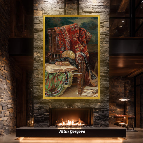 Oryantal Sandalye ve Ud ile Klasik Natürmort Sanat Baskısı, El Yazması Kitaplar ve Kilim Desenleriyle Tarihi Duvar Dekoru