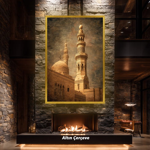 Tarihi Cami Minaresi ve Kubbe Kanvas Tablo – Osmanlı Mimari Temalı İslami Duvar Dekoru, Dini ve Klasik Salon Tablosu