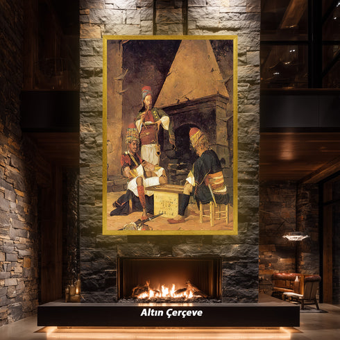 Tavla Oynayan Zeybekler, Osmanlı Dönemi Kıyafetleriyle Geleneksel Kahvehane Sahnesini Yansıtan Nostaljik Sanat Tablosu