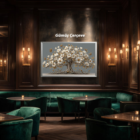 Altın Yapraklı Beyaz Çiçekli Ağaç Tablosu Kelebekli Lüks Kanvas Duvar Dekoru, Modern Dokulu Salon Yatak Odası Tablo