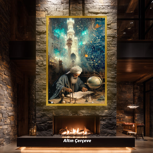 İslam Alimi ve Astronomi Çalışması Kanvas Tablo – Bilim ve İlim Temalı İslami Duvar Dekoru, Dini ve Manevi Sanat Eseri