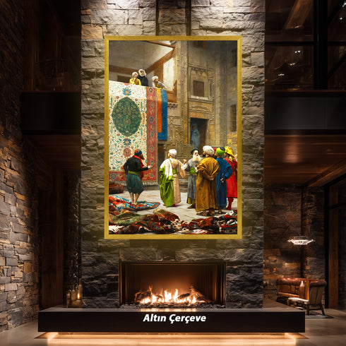 Oryantal Halı Pazarı Sahnesi Sanat Tablosu Poster, Geleneksel Doğu Mimarisi ve Renkli Figürlerle Klasik Tarihi Duvar Sanatı