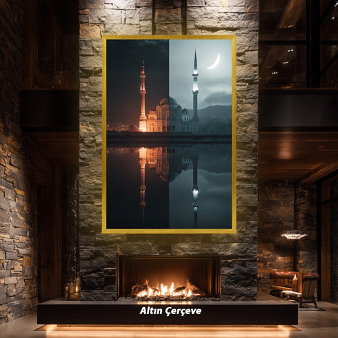 Gece ve Hilal Işığında Camii Kanvas Tablo – İslami Duvar Dekoru, Dini Mimari Sanat Eseri, Modern ve Klasik Ev Dekorasyonu