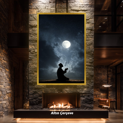 Dolunay Altında Dua Eden Müslüman Silüeti Kanvas Tablo – Gece ve Yıldız Temalı İslami Duvar Dekoru, Dini ve Manevi Salon Tablosu