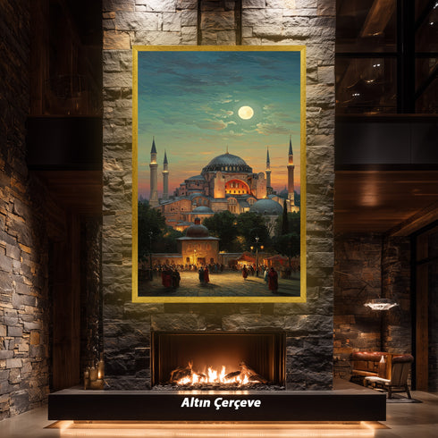 Ayasofya Camii Dolunay Manzaralı Kanvas Tablo – İstanbul Temalı İslami Duvar Dekoru, Dini ve Tarihi Atmosferli Salon Tablosu