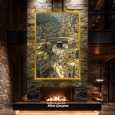 Eski Kabe-i Muazzama ve Mekke Şehir Manzarası Kanvas Tablo – Hac ve Umre Temalı İslami Duvar Dekoru, Dini ve Manevi Salon Tablosu