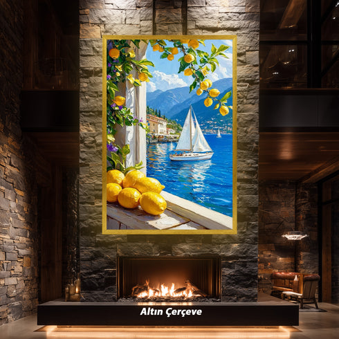 Limon Ağaçları ve Mavi Deniz Manzarası Sanat Baskısı, Akdeniz Sahilinde Yelkenli Tekne ile Yaz Esintili Duvar Dekoru
