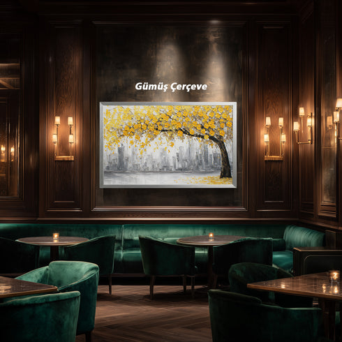 Sarı Çiçekli Ağaç ve Gri Şehir Silüeti Tablosu Modern Soyut Kanvas Duvar Dekoru Salon Ofis İçin Büyük Boy Şık Tasarım