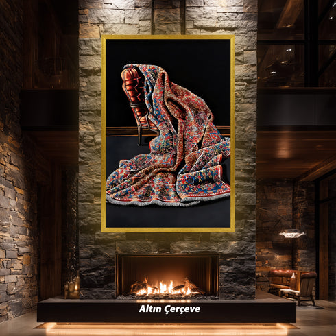 Modern Soyut Natürmort Sanat Tablosu Poster, Desenli Kumaş ve Klasik Koltuk Detaylı Lüks Dekoratif Duvar Sanatı Baskısı