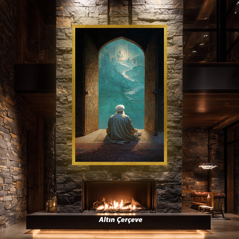 Kapıdan Camiye Bakan Derviş Kanvas Tablo – Manevi Yolculuk Temalı İslami Duvar Dekoru, Dini ve Huzur Veren Salon Tablosu